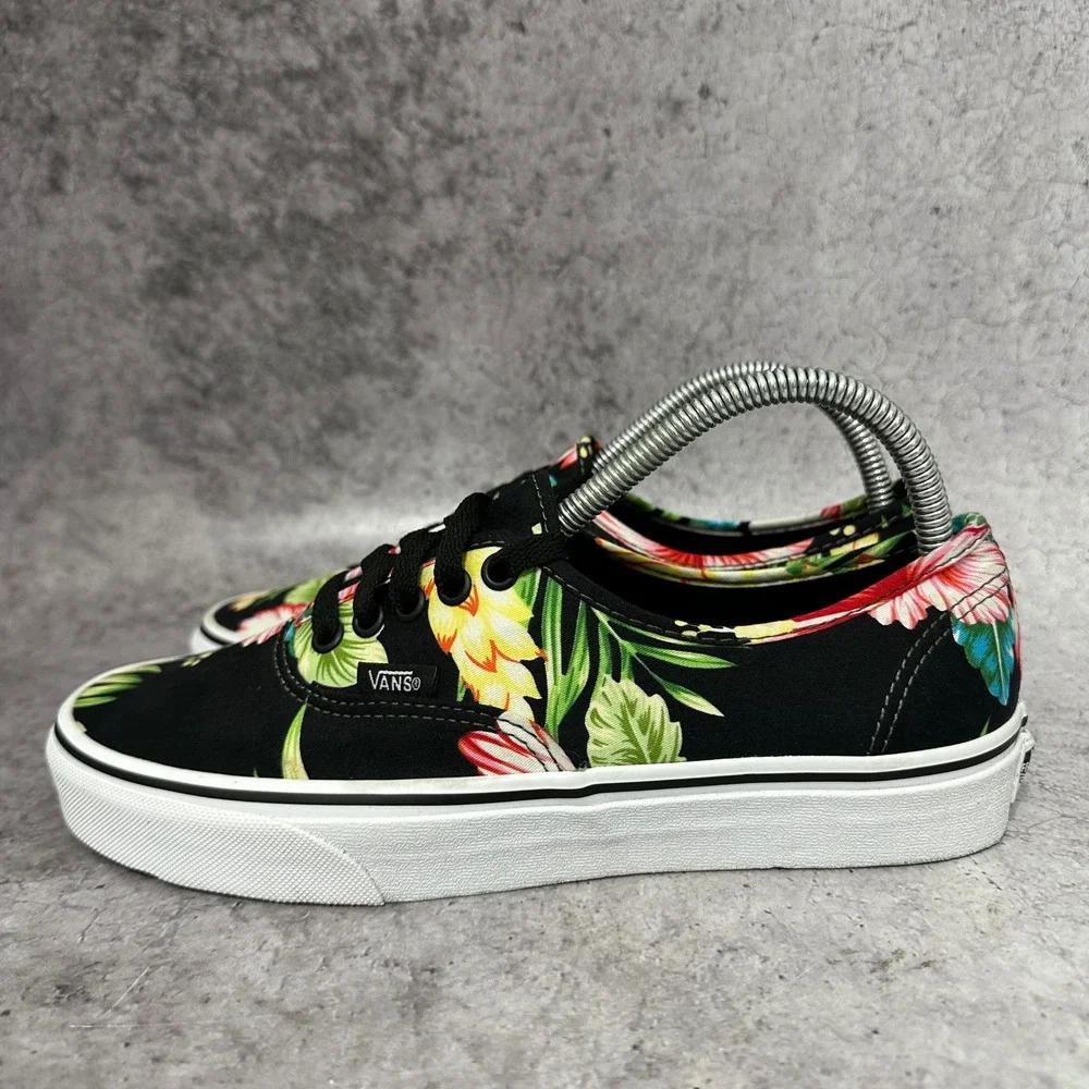Vans Authentic Sneakers Womens 9 Black Hawaiian Floral Tropical Low Top Canvas